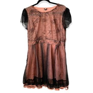 5/$20 Peach orange & black lace floral shortsleeve midi costume dress L